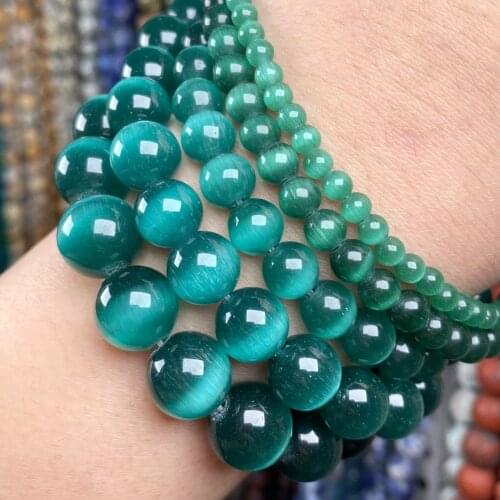Natural Dark Green Cat Eye Stone Round Beads Spacer Loose Beads For Jewelry Making Diy Bracelet Charm Necklace 4-12mm 15"