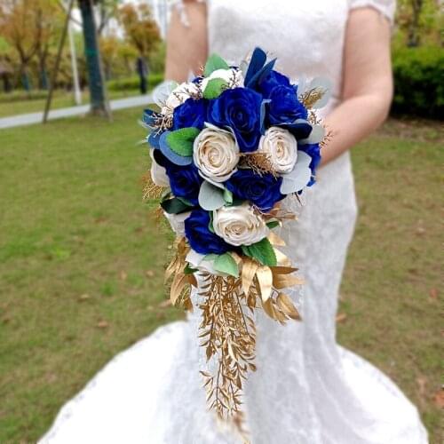 Whitney Wedding Bouquet Collection Accent Color Royal Blue Brooch Golden Unique Cascading Buque De Noiva Para Casamento