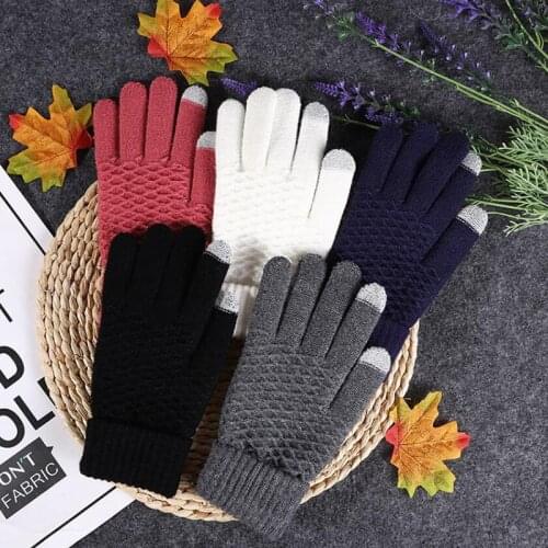 Korean Women Full Finger Wool Knit Jacquard Grid Pattern Elastic Cycling Warm Glove Unisex Winter Touch Screen Driving Glove A35