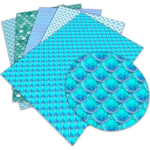 Faux Leather Sheets Mermaid Fish Scale Pattern Printed Synthetic Leather 22X30 cm for DIY Bows Earrings Making Crafts