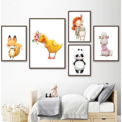 Cute Girl Duck Fox Panda Rabbit Wall Art Canvas Painting Nordic Posters And Prints Watercolor Wall Pictures For Kids Room Decor