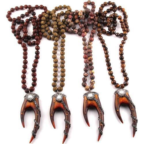 Fashion Bohemian Jewelry 8mm Bead Stones Long Knotted Handmade Paved Teeth Pendant Necklaces For Women Jewelry