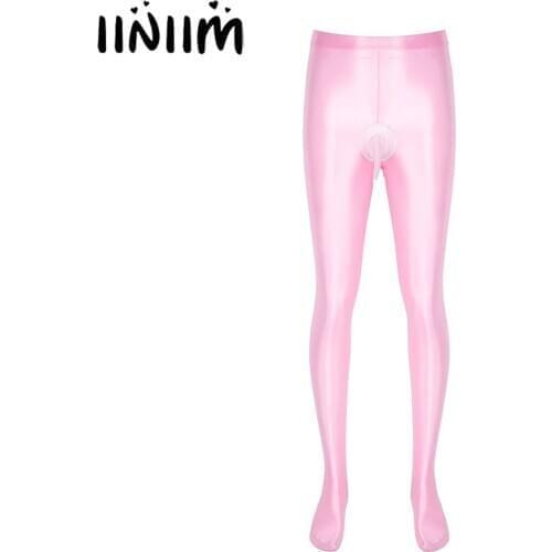 Men Glossy Stretchy Exotic Leggings Elastic Waistband Pantyhose Crotchless Bulge Pouch Tights Stockings Pants Lingerie Underwear