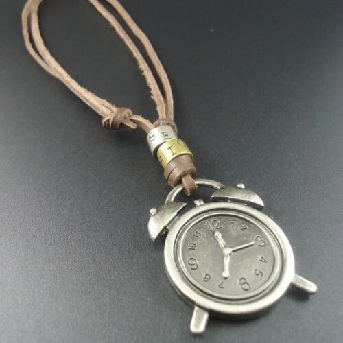 2015 New Arrival Fashion Head Layer Cowhide Vintage Alarm Clock Pendant Necklace for Women Men Jewelry