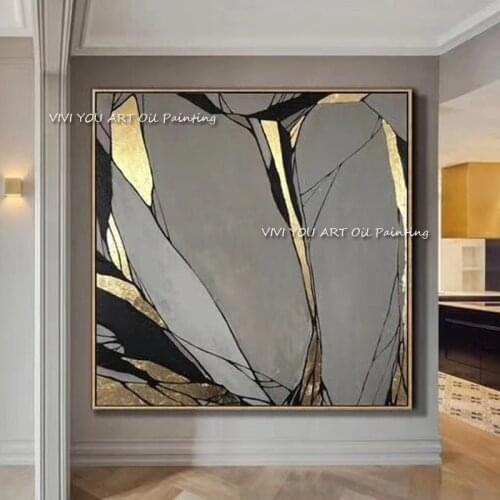 Modern abstract Gold foil Black line pictures for home decoration Handmade acrylic oil painting for living room bedroom unframed