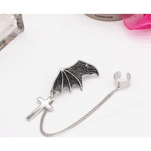 Vintage Bat Chain Linked Ear Cuff Cross Pendant Earrings Jewelry Unisex E56A