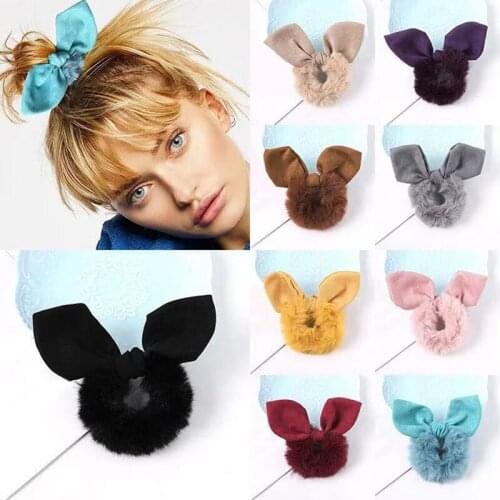 Fashion Faux Fur Headband Rabbit Ears Scrunchie Women Solid Color Hairband Ponytail Holder Hair Rope Cute Girls Hair Accessories