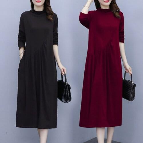 EHQAXIN Plus Size Womens Dresses 2021 Autumn New Half High Collar Casual Loose Literary Long A-Shaped Pleated Dress Ladies L-5XL