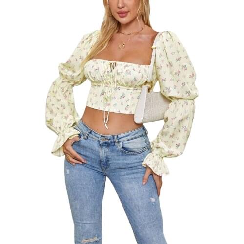 Spring Autumn Women Square Collar Pullover T-shirt Floral Printed Pattern Long Flared Sleeves Crop Tops