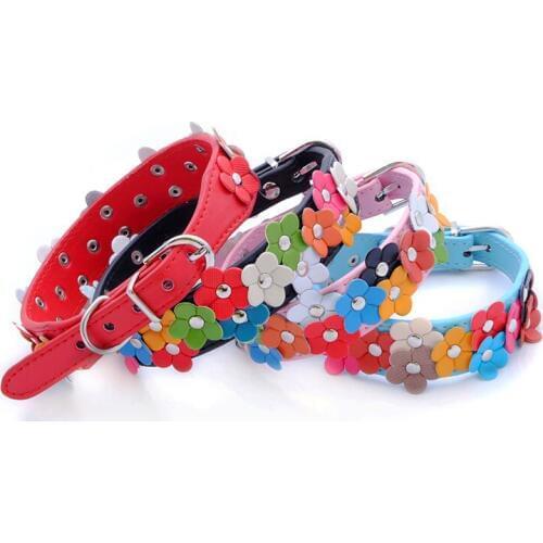 2018 Hot Pet PU Leather Flower Dog Collars Sun Flower Studded Stylish Flora Dog Pet Teddy Necklace Collar 5 Colors Pets Supplies