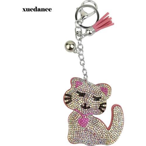 2019 creative cartoon good quality wholesale 5 color new fashion charm key chain pendant rhinestone cat leather keychain