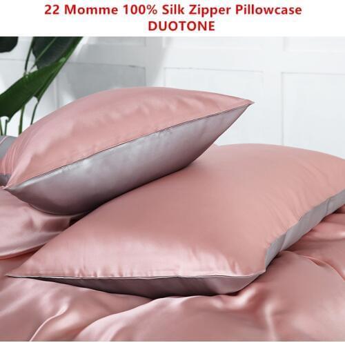 22MM 100% Mulberry Silk Zipper Pillowcase Fashion Soft Pillow Case Duotone Style Color Pink and Silver