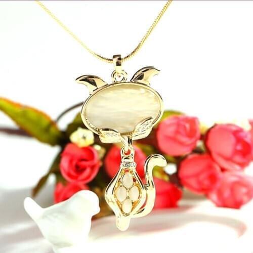 Light Yellow Gold Color Cat Eye Stone Pendant Link Chain Necklace for Elegant Women Lovely Animal Jewelry