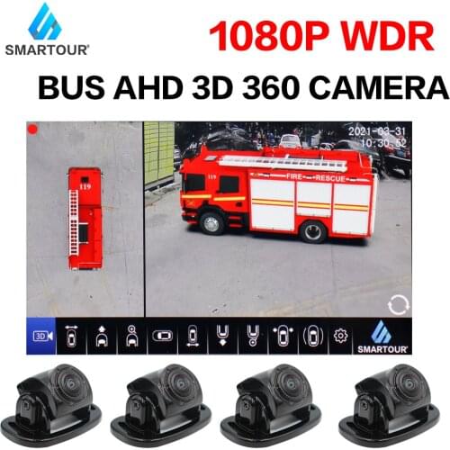Seamless splicing of 4-way cameras for 360 panoramic dash cam of 12V 24 V bus, truck, fire fighting military academy vehicle