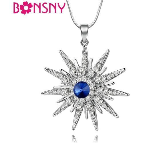 Bonsny Alloy Rhinestone Shiny Sun Flower Necklace Crystal Silver Pendant Chain Choker Fashion Jewelry For Women Girl Ladies Bulk