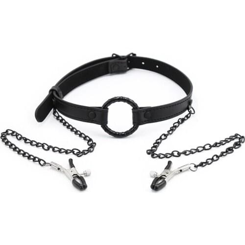 Black Leather Sex Open Mouth Gag Nipple Clamps With Chain Bondage Bdsm Set Sex Toys For Couples Adult Games Sex Tool