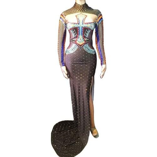 Black Split Long Tailing Dresses Backless Tight Stretch Turtleneck Glistening Rhinestones Women Dress Nightclub Costumes