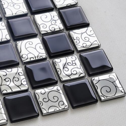 Black mixed silver color crystal glass mosaic tiles for wall decor bathroom shower tiles square pattern blue kitchen backsplash