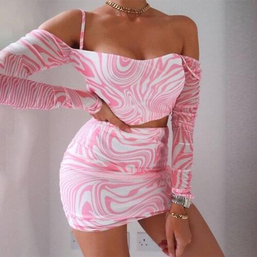 DSMTRC 2021 Wave Print Slip See Through Long Sleeves Top Mini Dress Set Bodycon Sexy Party Elegant Club Y2K Robe Outfits Beach