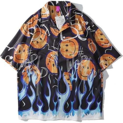 2021 Hip Hop Hawaiian Shirts Smiley Flame Full Print Short Sleeve Korean Harajuku Streetwear Fashion Vintage Casual Beach Shirt