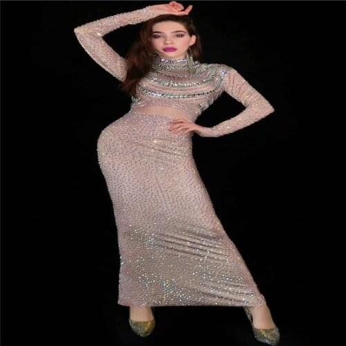 H155 Sequins Mirrors Jumpsuit Drills Diamond Gem Slim Performance Perspective Sexy Party Prom Tight Dress Pearls Model Show Club