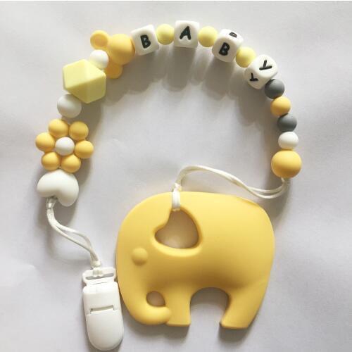 Personalized Name Silicone Teething Pacifier Clips with Elephant Silicone teether Pacifier Chain Necklace for Baby Chew Toys