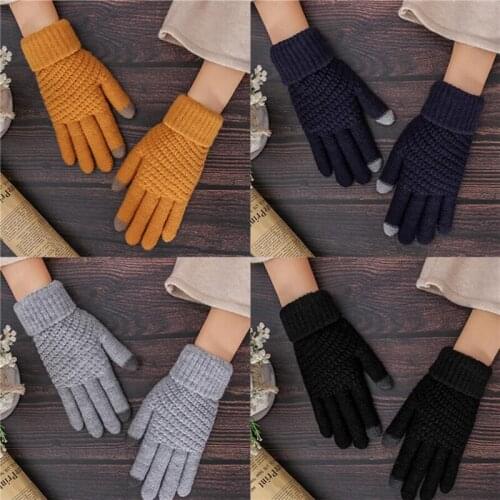 Crochet Thick Knitted Gloves Winter Touch Screen Gloves Women Men Warm Stretch Faux Wool Full Finger Gloves