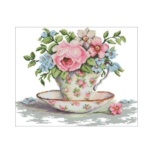 -Luca-2321 Flowers blooming in a teacup Needlework,For Embroidery, Arts Cross stitch kits Set Cross-Stitching