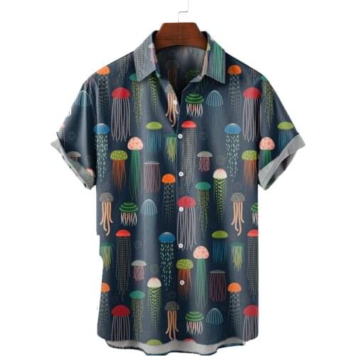 Fashion Lapel Collar Hawaiian Shirt Mens Funny Style Cartoon Jellyfish Printed Short Sleeve Button Up Holiday Hawai Shirts Men