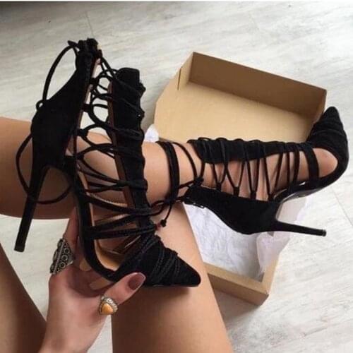 Fashion black suede leather pointed toe cross tied lace up thin high heel ankle boots women cut-out braided shoes stiletto heels