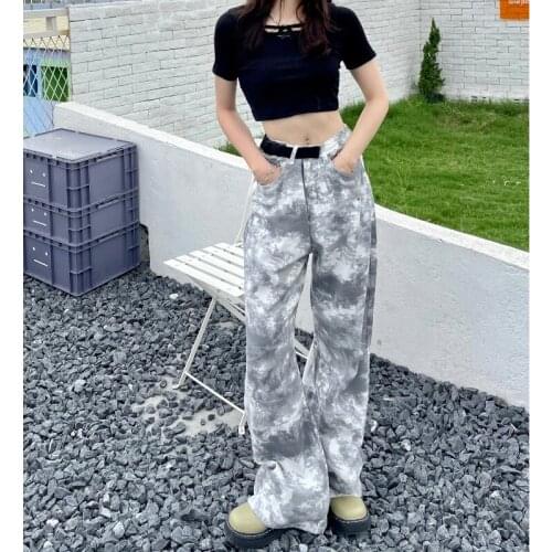 Fashion Streetwear Tie Dye High Waist Jeans Pants Women Y2k Baggy Straight-leg Wide Leg Pants Female Collision Color Long Pants