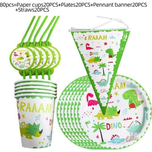 80 Pcs Dino Happy Birthday Kids Party Tableware Dinosaurs Theme Decoration Birthday Party Supply Jungle Party Banner Set 2021