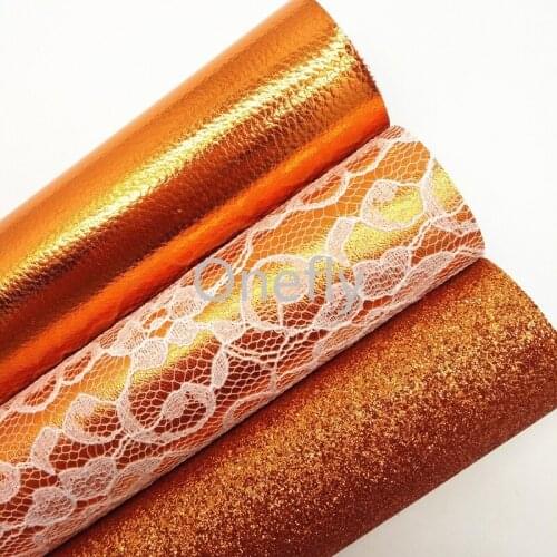 Onefly 21X29CM Orange Lace Faux Leather, Metallic Synthetic Letaher Sheets For Bow DIY handbags shoes DQ021