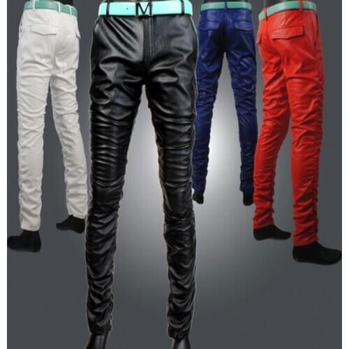 Autumn motorcycle faux leather pants mens feet pants fashion pu trousers for men personality pantalon black white red blue