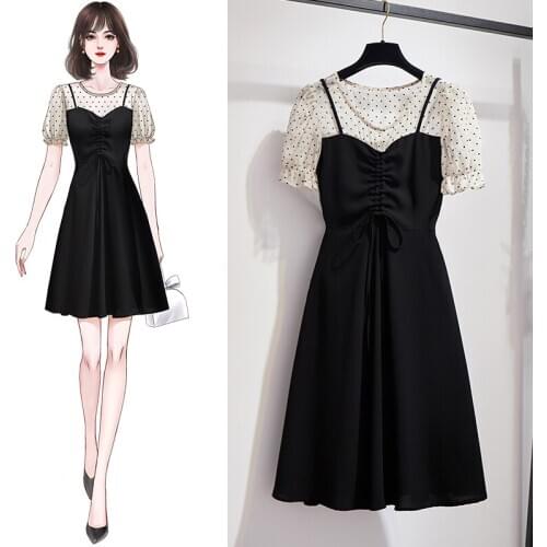 Fake Two Pieces Dot Lace Up Pleating Patchwork Short Sleeve O-neck Knee-length A-line Plue Size Black Holiday Coctail Dress