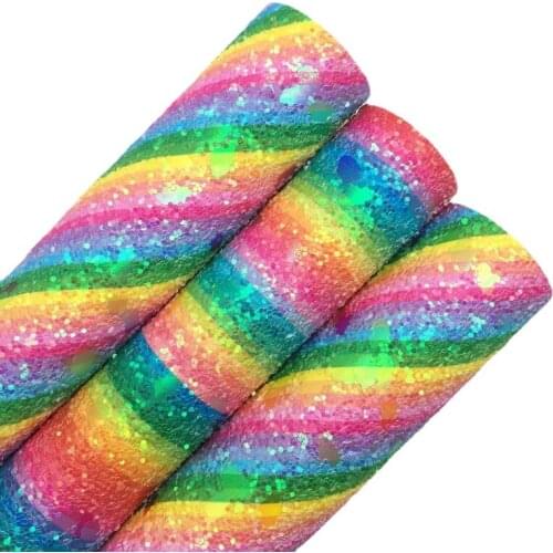 Rainbow Stripes Printed on Unicorn Chunky Glitter Vinyl Fabric Sheet Felt Backing Synthetic Leather Faux Vinil DIY A4 SIZE R101A