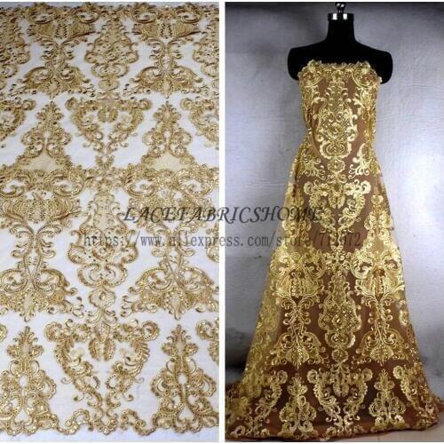 La Belleza 1 yard Gold cord sequins brand evening/wedding dress lace fabric wine/black/off white/deep blue cord brides lace