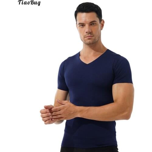 TiaoBug Men Summer Solid Color V Neck Short Sleeve T-Shirt Casual Thin Stretchy Slim Fit Undershirt Tops For Sport Fitness Gym