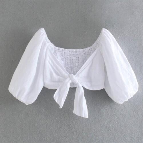 TRAF Women 2021 Fashion Sexy Knotted White Linen Short Smock Female Retro Lantern Sleeve Shirt Summer Crop Tops Streetwear