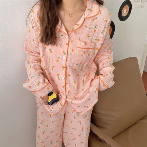 Spring Soft Loose Sleepwear Lady Sweet Long Sleeve 100% Cotton Orange Print Pajamas Set Women Chic Korean Style Casual Home Set