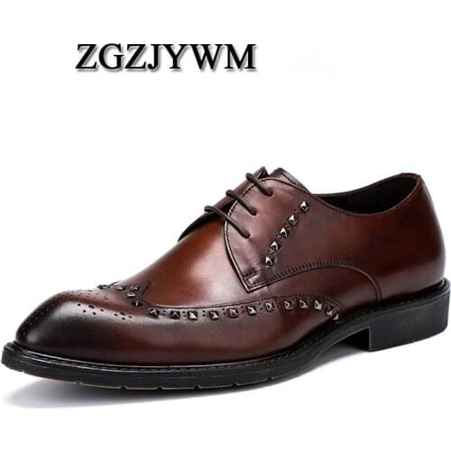 ZGZJYWM New Mens Rivet Decoration Pointed Toe Formal Business Genuine Leather Wedding Casual Flat Patent Oxford Men Shoes