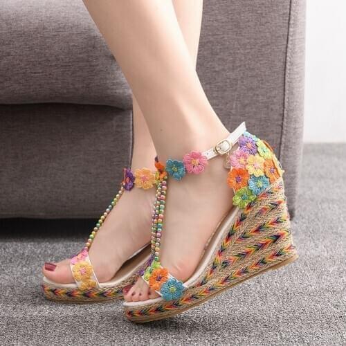Lace Beading Buckle Strap Crystal Womens Sandals 2020 Wedge High Heel Shoes Platform Woman Shoes Wedges Sandals Shoes H0011