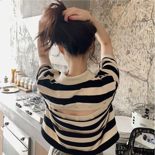 Woman Tshirts Summer Striped Short-Sleeved T-shirt Womens Loose Top Tops Mujer Camisetas