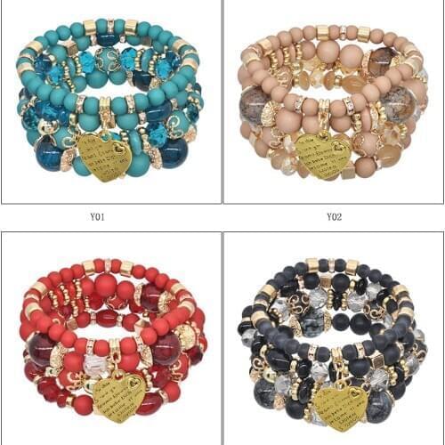 Fashion Bohemian Natural Turquoises Stone Crystal Charm Bracelets for Women Handmade Heart Bead Multilayer Bracelet Jewelry Gift