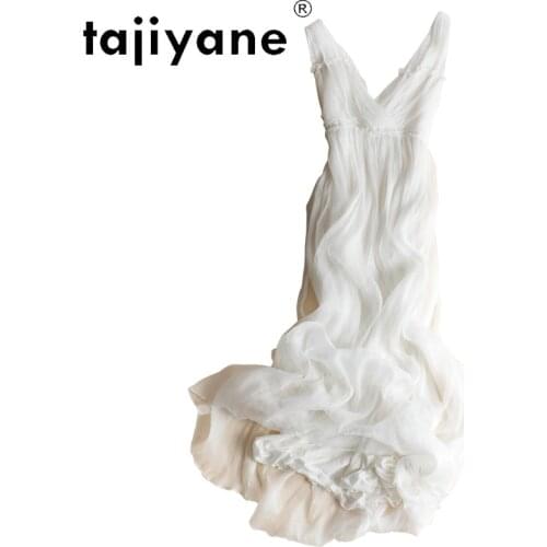 Tajiyane Women Real Silk Dress Summer Beach Sleeveless Dresses Lady Long Slim Vestidos Elegant White Folds Sundress Robe HLY43