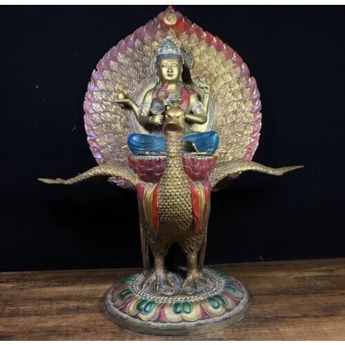 17" Tibet Buddhism Temple bronze Painted Peacocks King Buddha Statue Four Esoteric Laws Buddha Mother Vajra, Protector Vajra