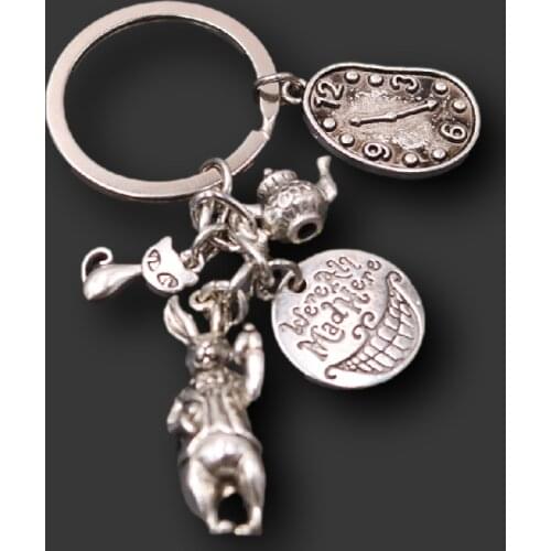 1pcs We are All Mad Here Tag Hip Hop Alices Dreamland Keychain, Coffee Cup Clock Rabbit Spoon Keyring, Mad As A Hatter Keychain