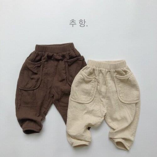 Korean childrens clothing autumn and winter childrens cotton and hemp Pants Boys and girls' bubble stripe boy pants