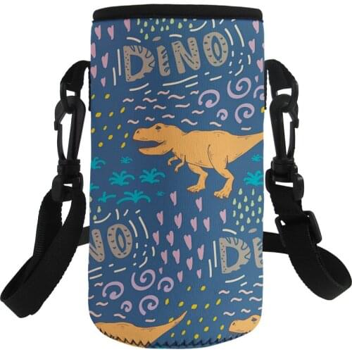 Cartoon Dinosaur Printed Children Water Bottle Cover with Shoulder Strap Carrier Holders Portable Sport Water Bottle Bag Sleeve