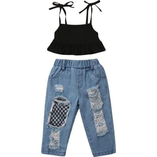 Boutique girl clothes Kids Baby Girl Outfit Set Shirt Tops+Fish Net Denim Jeans 2PCS Pants Clothes Size 2-6Y